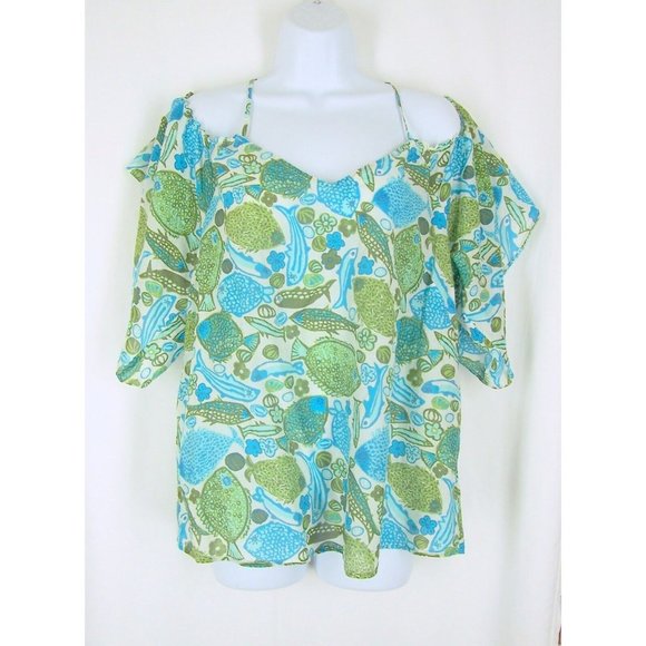 Vanessa Virginia Anthropologie Top 14 Fish Print Off Shoulder Lightweight Flowy - Picture 1 of 5
